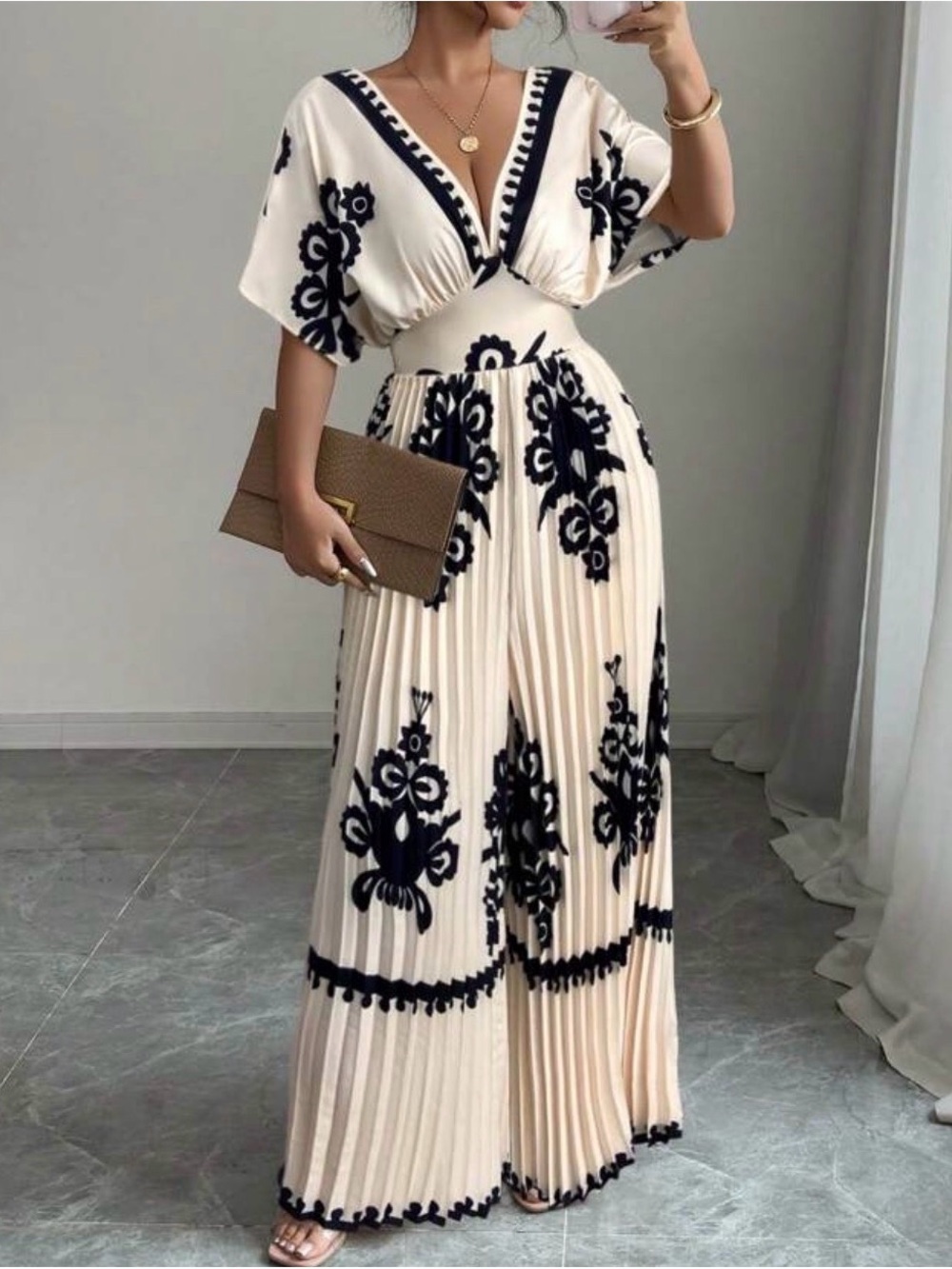 V-Neck Pleated Embroidered Maxi Jumpsuit - Cream & Black